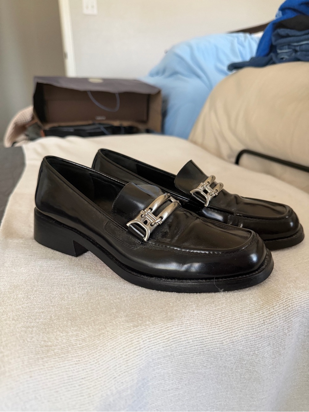 Via Spiga Black Patent Leather Loafers with Silver Hardware